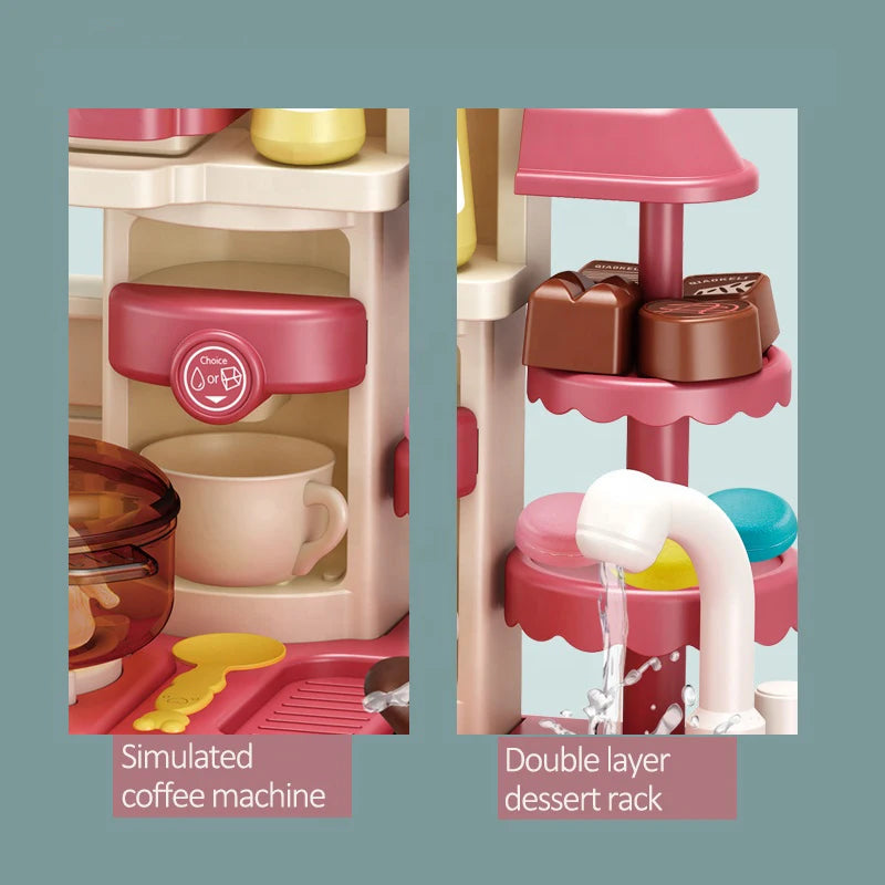 The kitchen table pretends to play with children's kitchen toy sets.