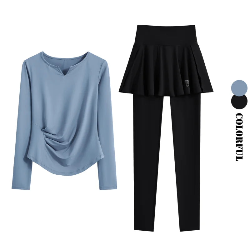 DRUR Autumn Yoga Set 2 Piece Sportswear Outfit Women Long Sleeve Workout Top High Waist Leggings Suit Tennis Sets 2pcs Tracksuit