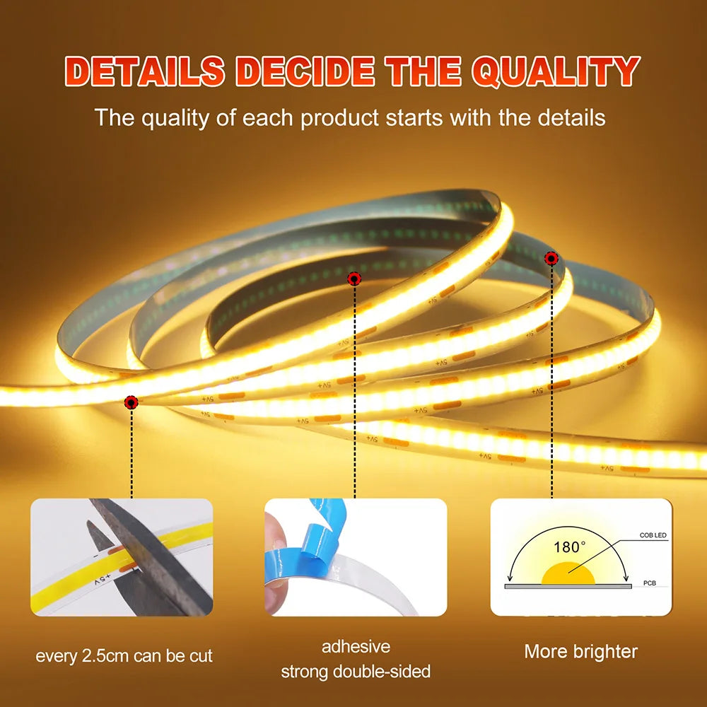 5 V USB-COB-LED-Streifen mit 2-poligem DC-Stecker, 3000 K, 4000 K, 6000 K, 320 LEDs, flexibles Band, lineare Beleuchtung mit hoher Dichte.