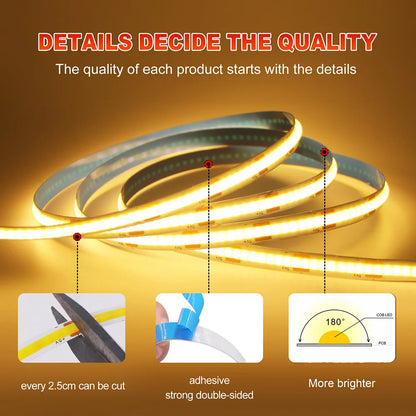 5 V USB-COB-LED-Streifen mit 2-poligem DC-Stecker, 3000 K, 4000 K, 6000 K, 320 LEDs, flexibles Band, lineare Beleuchtung mit hoher Dichte.