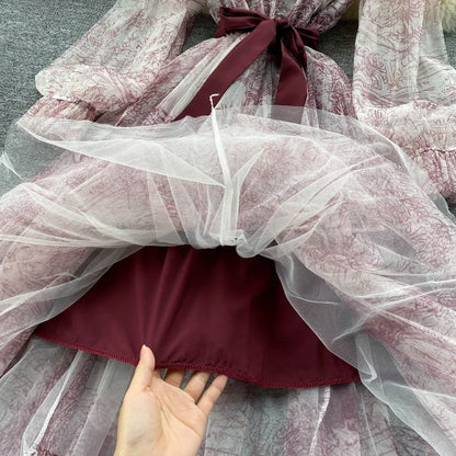 Elegante Frauen Mesh Kleid Vintage Laterne Ärmeln Gedruckt Party Kleider Frühling Sommer Patchwork A Line Bandage Strand Kleid