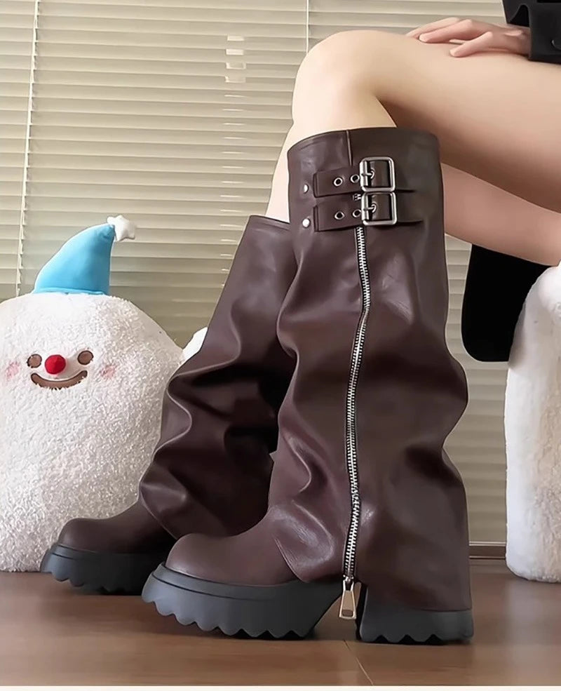 Punk Style Splicing Thick Bottom Women Knee-High Boots Fashion Zipper Female Pleated Knight Long Booties Shoes.
