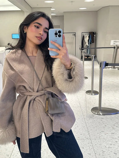 Frauen Mäntel Elegante Revers Plüsch Mit Gürtel Faux Pelz Hülse Tweed Offenen Mantel Weibliche 2025, Herbst Winter Mode Dame streetwear