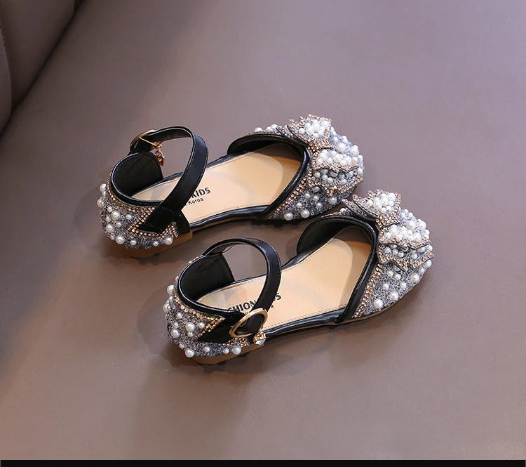 Girls Party Shoes Elegant Rhinestone Fashion Children's Leather Shoes Versatile Sweet Kids Princess Wedding Dress Flats Sandals