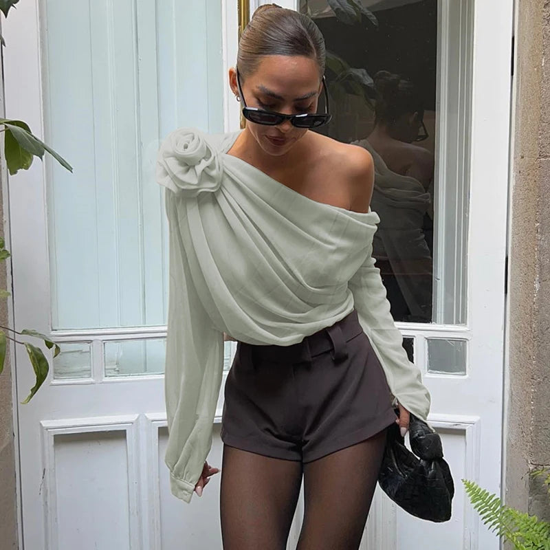 WhereMery Sexy Irregular Oblique-neck Flower Applique T Shirt Summer Off Shoulder Fashion Long Sleeve Crop Tops Street Mesh Tees