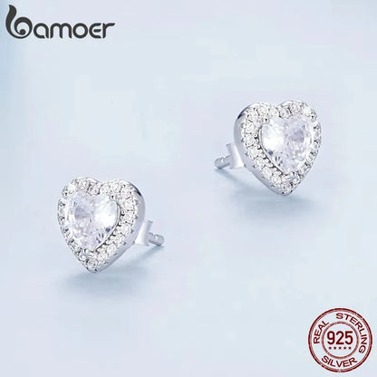 BAMOER Gold Plated Halo CZ Stud Earrings 925 Sterling Silver Hypoallergenic Classic Elegant Heart Earrings Jewellry BSE894.