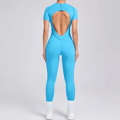 Seamless Yoga Jumpsuits Sports Fitness Hip-lifting Backless Short-sleeved One-piece Workout Gym Leggings Tracksuits for Women.