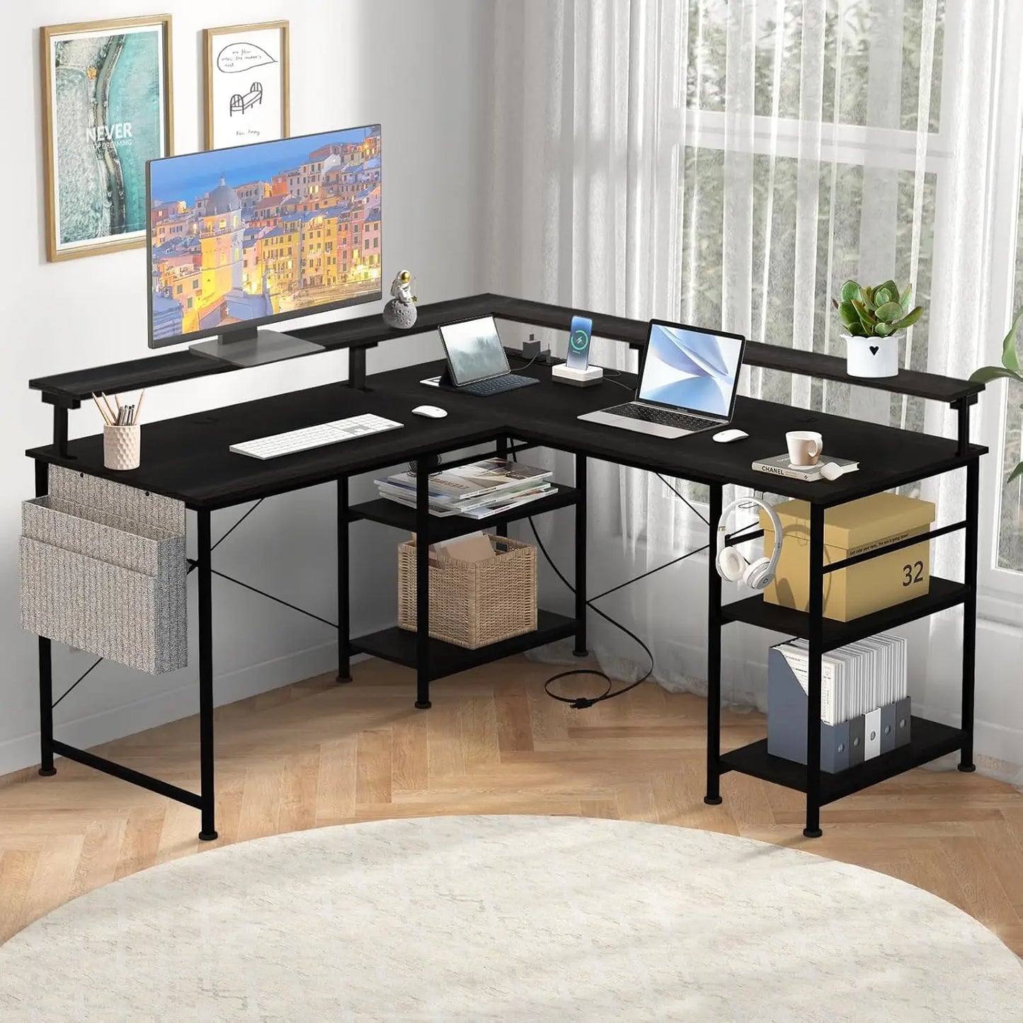 RGB Gaming Schreibtisch L-förmiger Eckschreibtisch Multifunktionaler Computertisch mit Monitorständer und Ablage