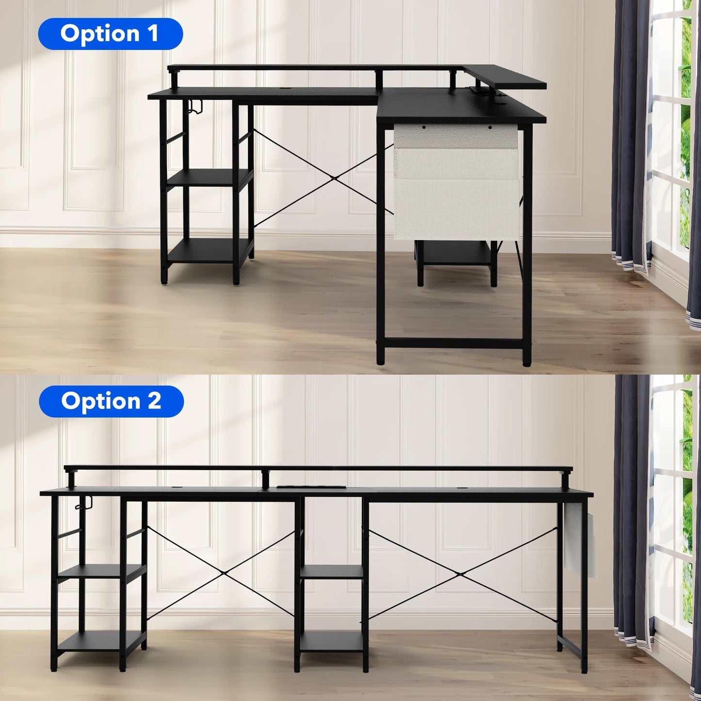 Moderner L-Schreibtisch, 2 in 1 Umwandelbar, 140/230cm, mit ergonomischer Monitortisch-Aufsatz, Power Hub, Gaming-Tisch