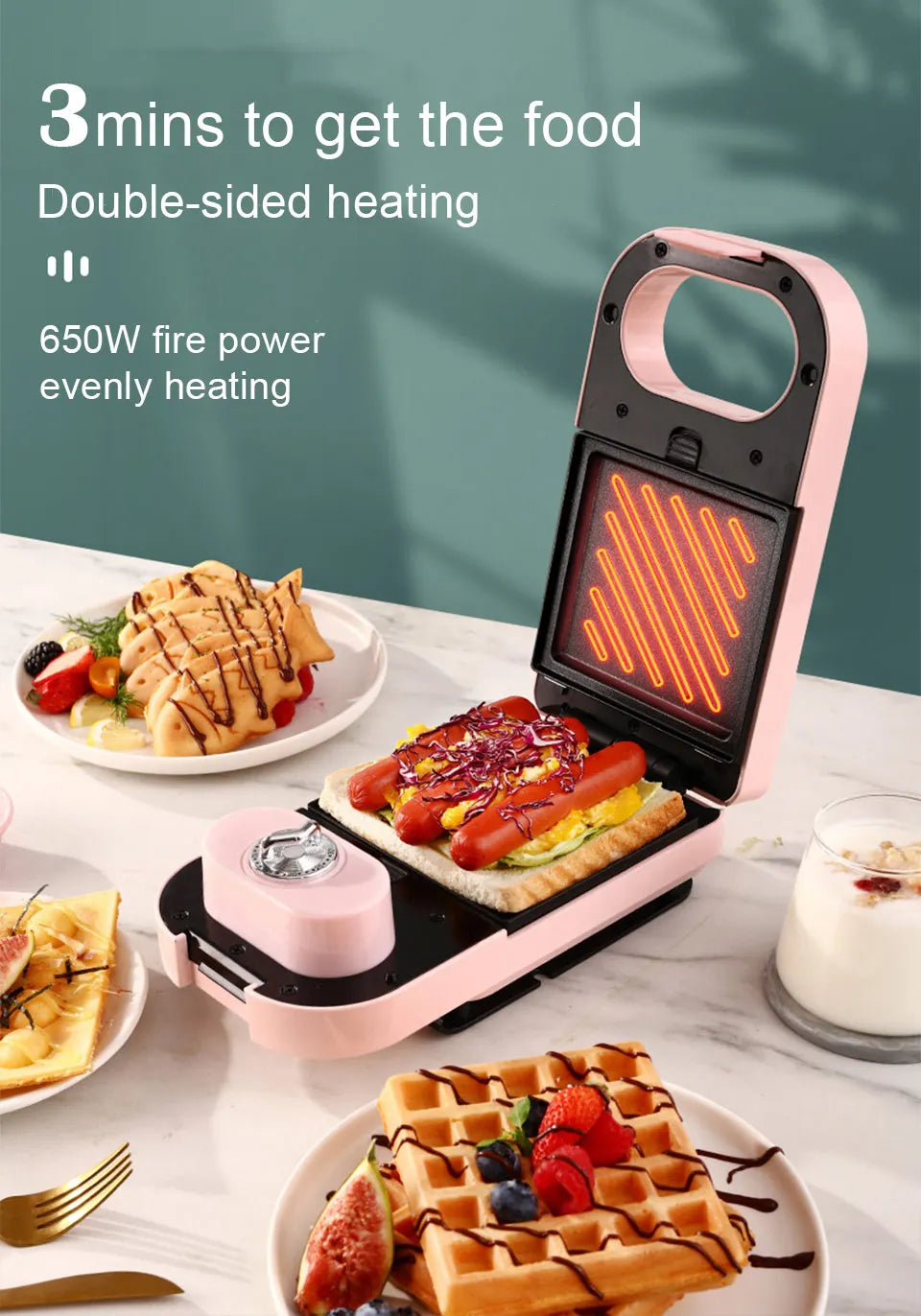 Electric Sandwich Maker Breakfast Machine Household Light Food Multi-Function Waffle Maker Takoyaki Toast Donut Pressure Toaster.