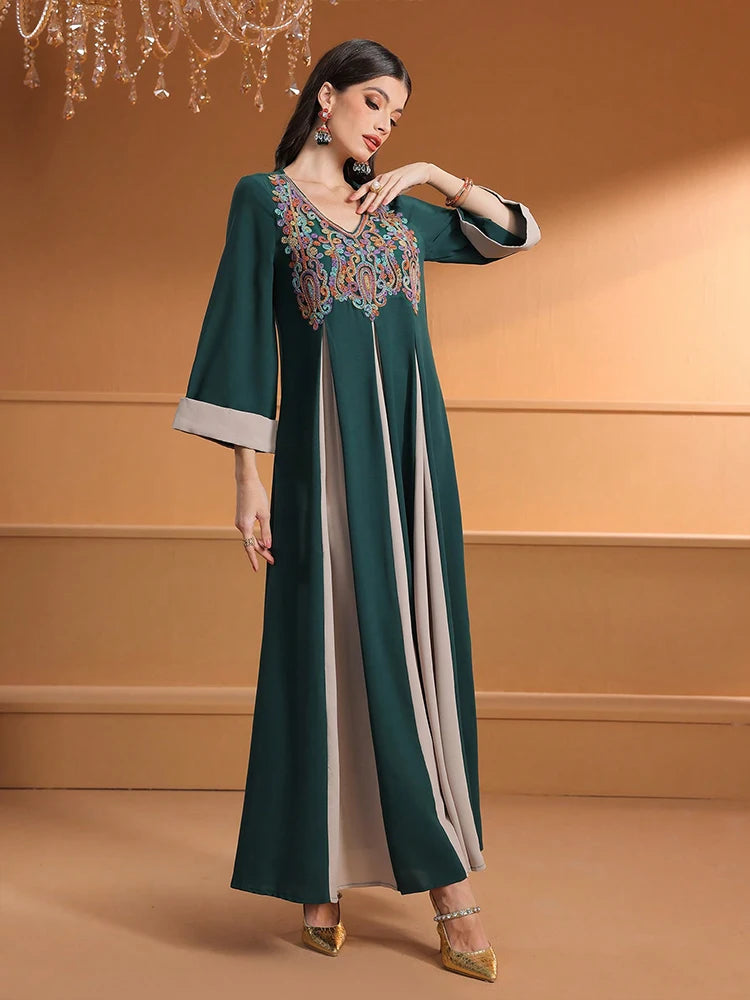 TOLEEN Damen Knöchellange Kleider Eid Al-Fitr Muslim Lose Applizierte V-Ausschnitt Langarm Damen Robe Islamisches Dubai ElegantDress.