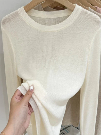 Spring  Basic O-Neck Slim T-Shirt Women Solid Multi Color All-Match Trend Casual Top Screw Knit Long Sleeve Elastic Office Lady