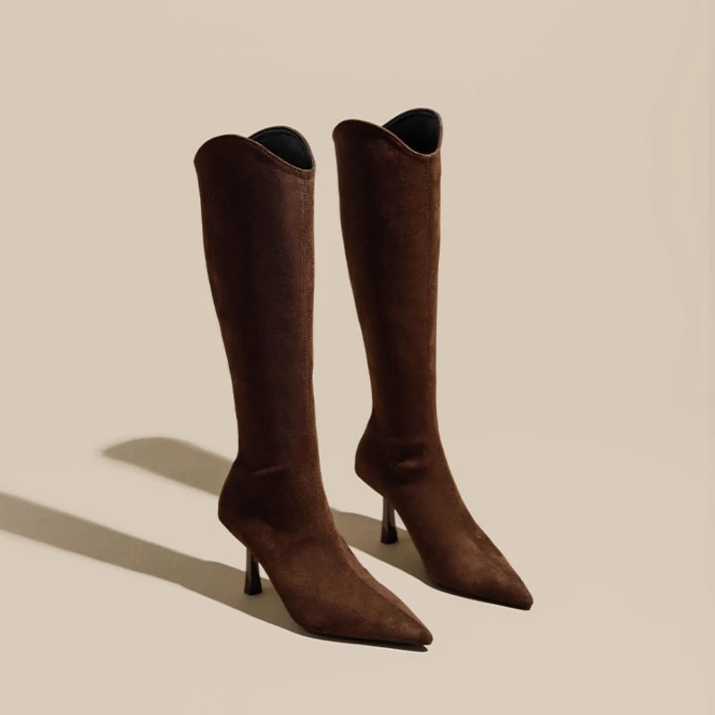 Vintage Pointed Toe Women Stretch Slim High Boots Fashion Back Zippers Shoes Autumn Winter High Heel Ladies Knight Long Booties.