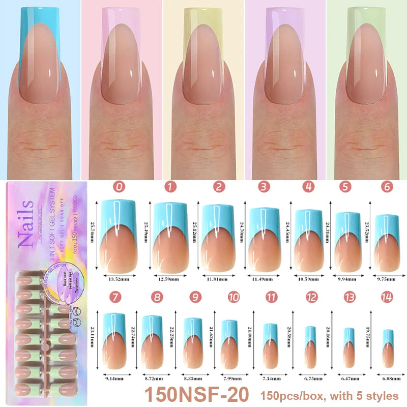 150Pcs/Box Acrylic Press on Nails Full Cover Fake False Tips Soft Gel Extension T-shaped Oval Capsule Almond Sculpted Salon DIY