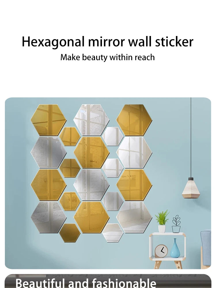 12PCS/Lot Removable Geometric Mirror Wall Stickers - Solid Hexagonal Shape, DIY with Built-in Adhesive for Home Decoration.