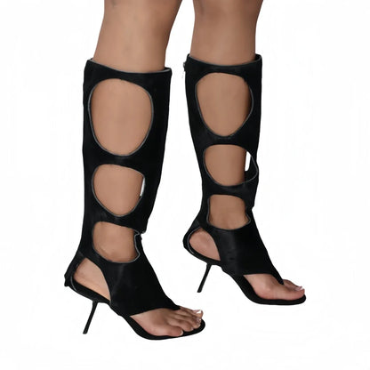 2025 New Luxury Women's Knee-High Boots | Real Horsehair Cut-Out Stiletto Heel & Rear Zipper | Evening Party Club Dress Shoes.