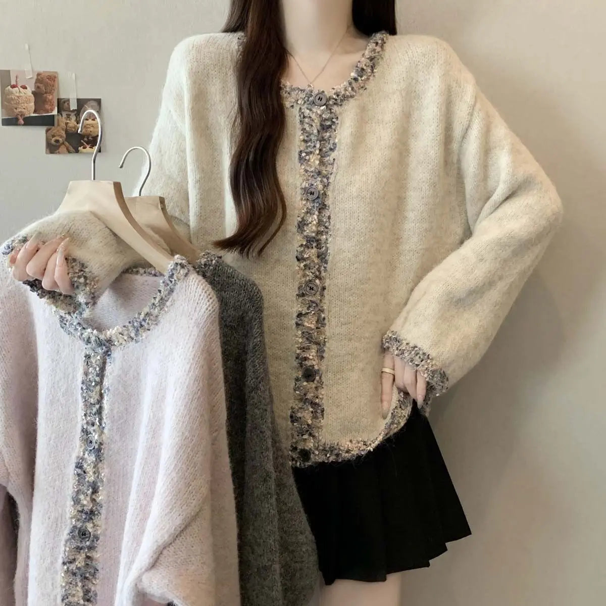 Pailletten-Strickjacke für Damen, Herbst und Winter, lockeres Schlankheitsoberteil