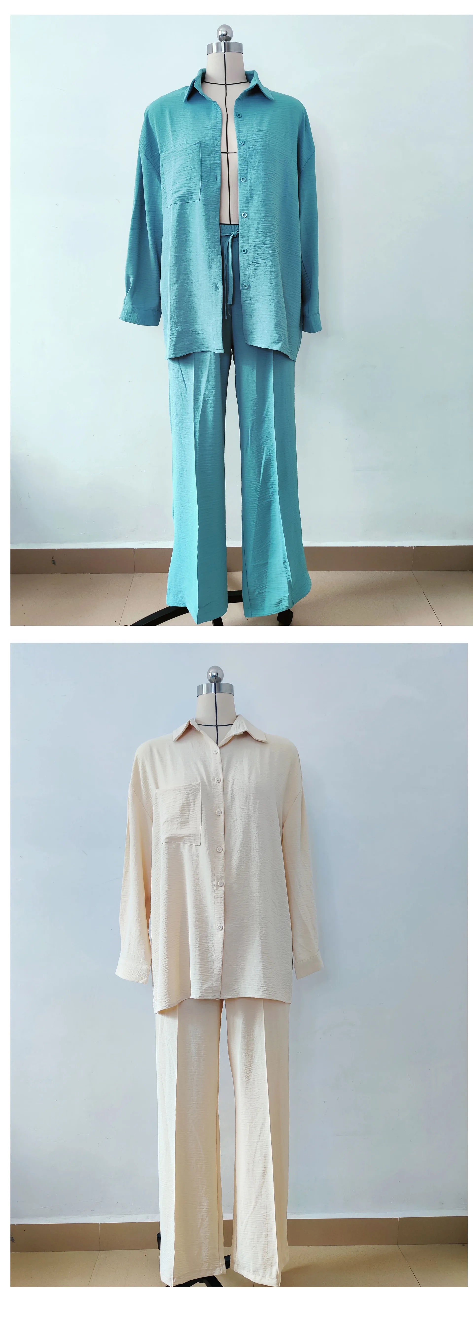 New Autumn Red Women Casual Two-piece Set, Features A Thin Long-sleeved Lapel Shirt Paired with Matching Drawstring Trousers..