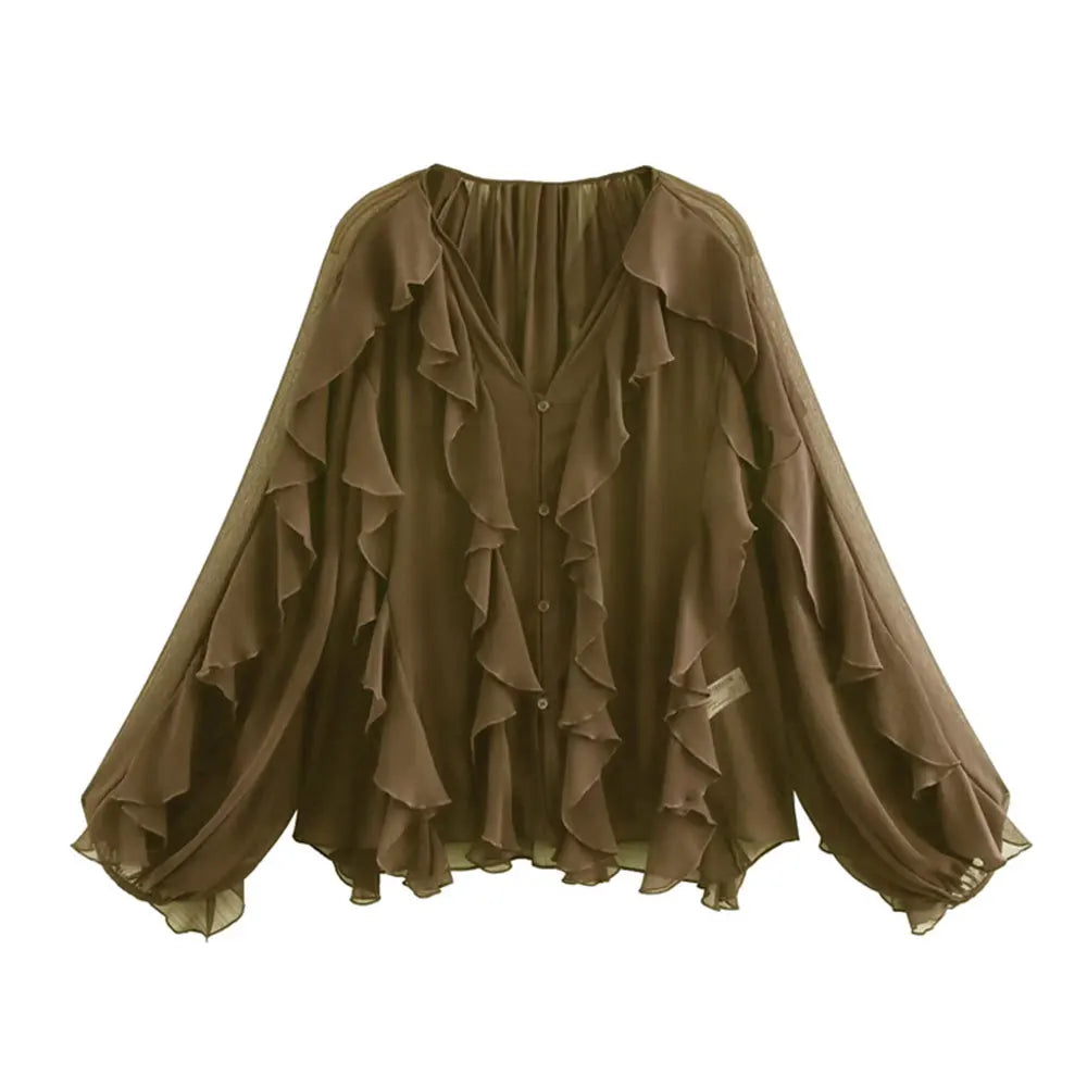 Women Fashion With Ruffles Semi-sheer Blouses V Neck Long Sleeve Button-up Female Shirts Chic Tops.