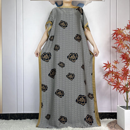 2024 New Dubai Summer Fashion For Women Printed Silk Soft Loose Femme Robe African Islam Maxi Woman Casual Dresses With Turban