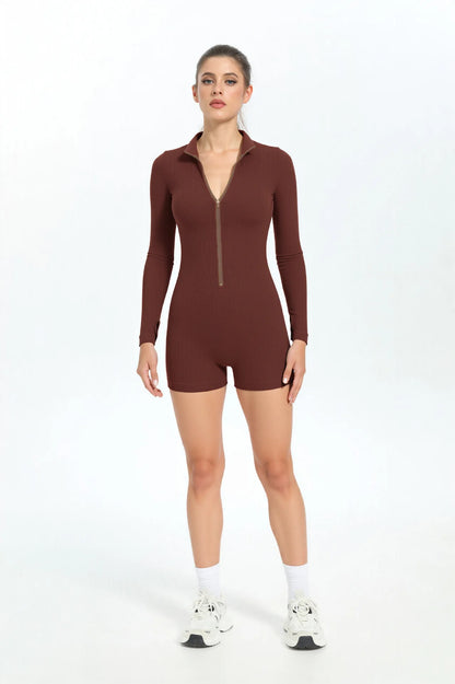 Seamless Ribbed Knit Bodysuit Women Zip Up Stand Collar Long Sleeve Thumbhole Yoga Romper Winter Thermal Workout Outfit.