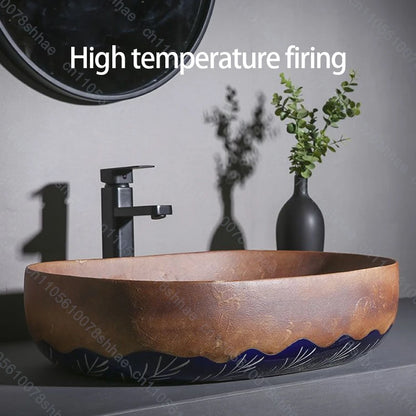 Vintage-Keramik-Waschbecken, ovales Badezimmer, künstlerisches Waschbecken über der Theke, Waschbecken für Badezimmer, Waschtisch, Aufsatzwaschbecken