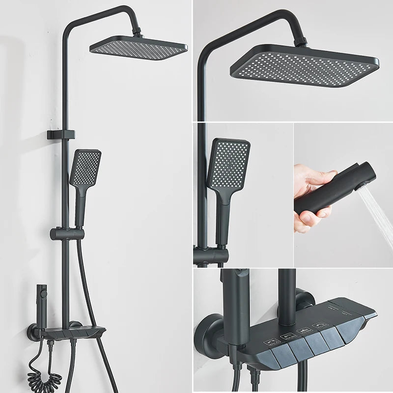 Smart Digital Display Shower Faucet Set Piano Style Rainlfall Bathroom System Grey Digital Mixer Tap Bidet Shower