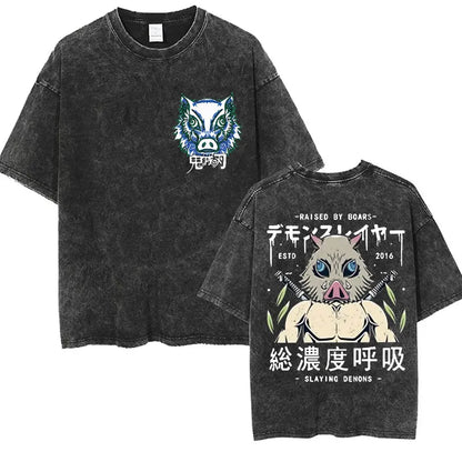 Japanese Anime Demon Slayer Uzui Tengen Vintage Washed T Shirts Funny Ninja Mice Muki Muki Gym Muscular Mouse Oversized T-shirt.