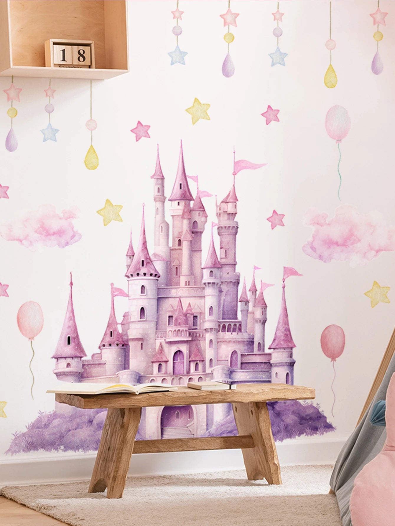 2sheet/set Pink Castle Wall Decals,  Clouds Stars Wall Stickers, Balloon Wall Decor for Kids Girls Bedroom Nursery Home.