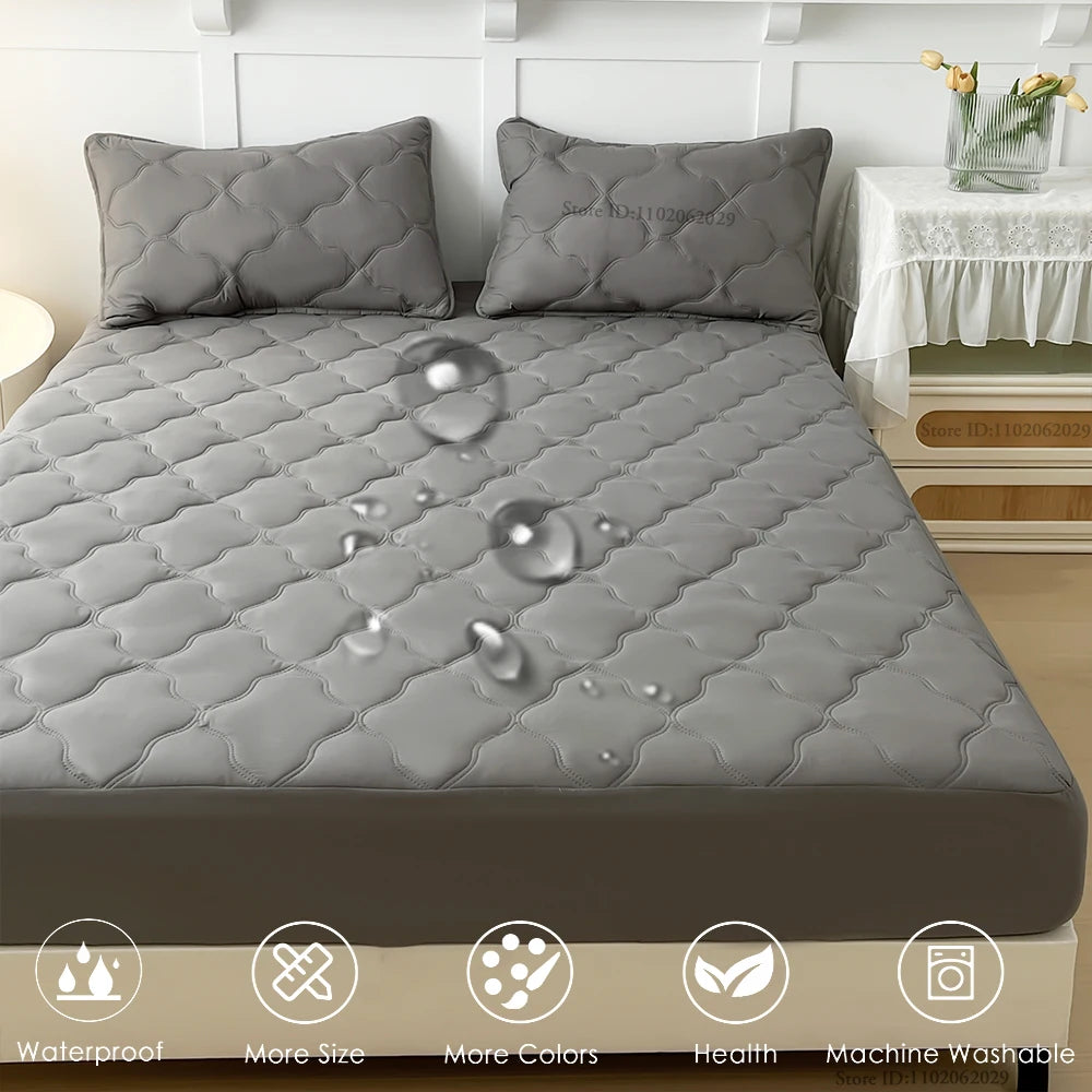 Waterproof Throw Mattress Cover Bed Fitted Sheet Mattress Bedspread Protector Pads Single/Double/King/Queen Full Size Gray/White.