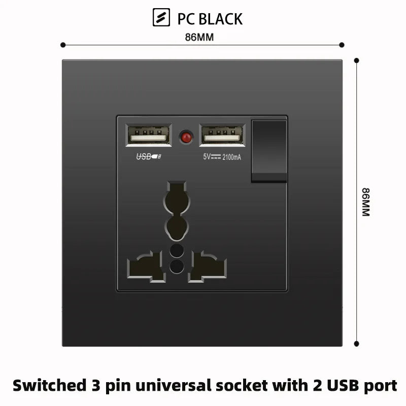 Schwarze UK 13A Wandsteckdose mit USB Typ C 18W Schnelllade-Steckdose, Wandsteckdose mit USB-Ladegerät, Schalter mit Steckdose.