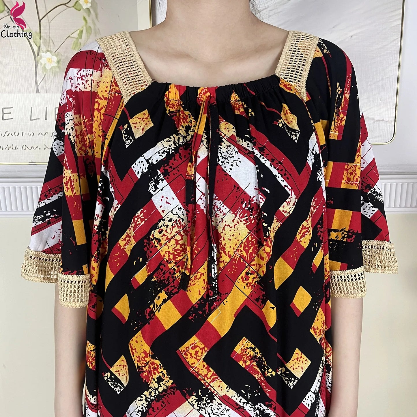 New Muslim Dubai Elegant Dress Summer Short Sleeve African Abaya Printing Cotton Loose Femme Robe Islamic Dresses With Scarf.