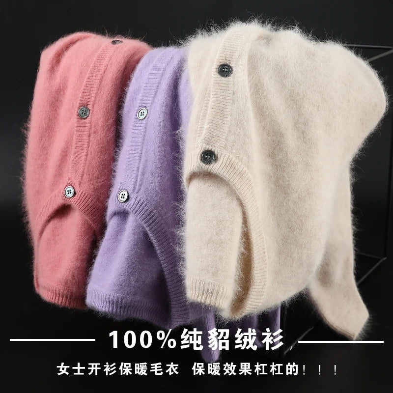 Women Cardigan Large Size Warm Pure Mink Cashmere Sweaters O-neck Loose Coat Female Sweater Ladies' Jacket Solid Knit Cardigans.