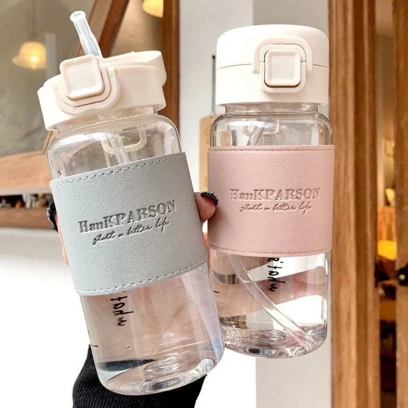 500ml Portable Water Bottle with Straw Creative Cute Leak-proof Plastic Drinking Bottle Milk Coffee Tea Juice Cup Drinkware.