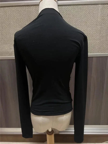 Slim Fit Long Sleeve Women's T-shirt Pure Color Design Pleated Detail Base Shirt Ladies Top Quality Material Comfortable Wear.