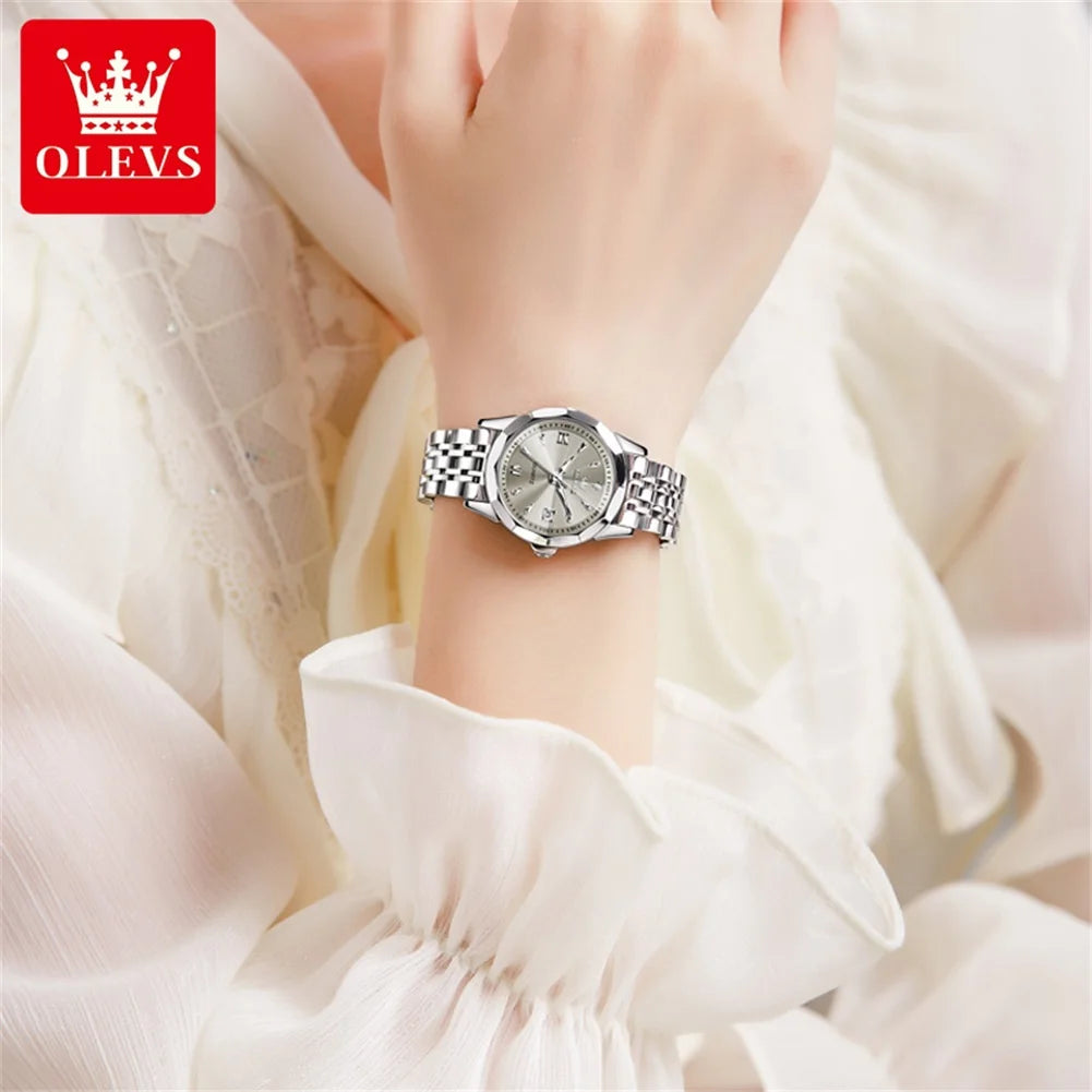 OLEVS Elegant Fashion Ladies Watches 9998 Original Quartz Women's Watches Waterproof Stainless Steel Luminous Date Wristwatch.
