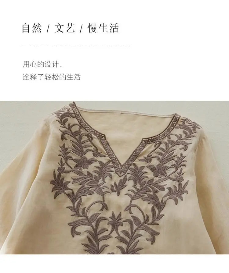 Ethnisches Vintage-Kurzarmkleid aus schwerer Stickerei aus Baumwolle und Leinen für Damen, lockeres langes Sommerkleid mit V-Ausschnitt und elegantem Stil