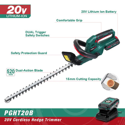 20 V Akku-Heckenschere, Gartenschere, Gartenwerkzeug-Set, 2,0 Ah Akku, Schnittlänge 520 mm, Zahnabstand 15 mm, POSENPRO