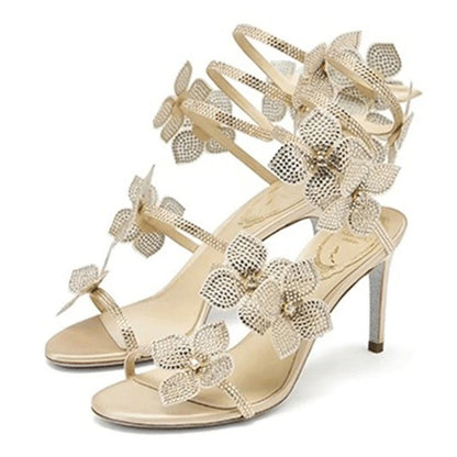 Eilyken Sexy CRYSTAL Flower Thin High Heels Women Sandals Street Style Narrow Band Ankle Strap Pole Dancing Ladies Shoes.