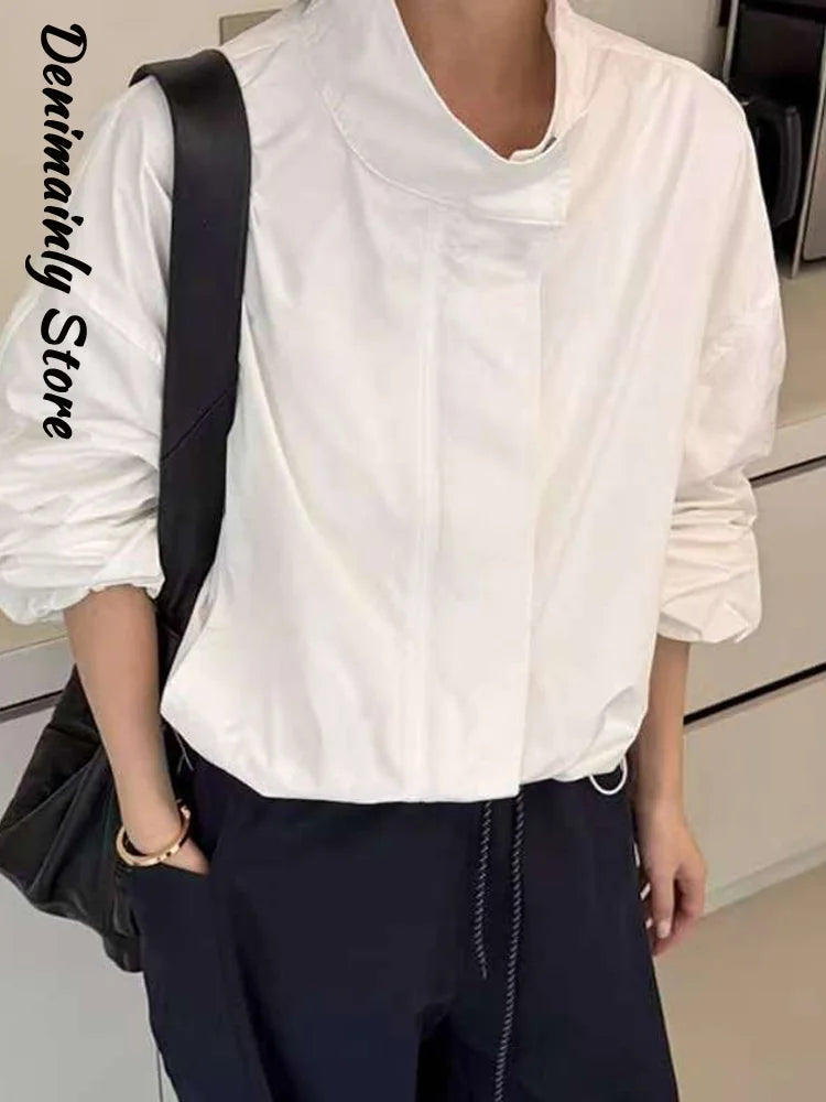 Straße Solide Zipper Dünne Jacke Frauen Stehen Kragen Volle Hülse Kordelzug Straße Jacken 2025, Herbst Dame Casual Outwears Neue.