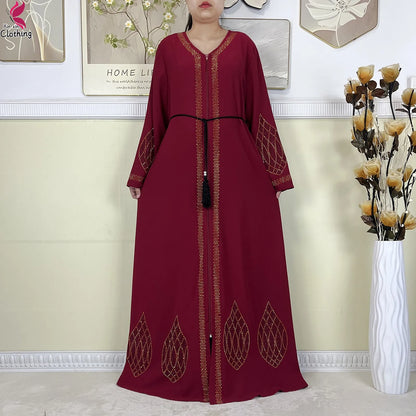 New Dubai Women Elegant Dress Diamonds Chiffon Open Abaya with Zipper Islamic Turkey Clothing Women Muslim Party Evening Dress.