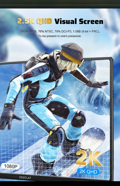 ZEUSLAP 16" 2.5K 144hz Portable Monitor 2560*1600 16:10 100%sRGB 500Cd/m²  Travel Gaming Display for Laptop Switch ps4 ps5 Xbox.