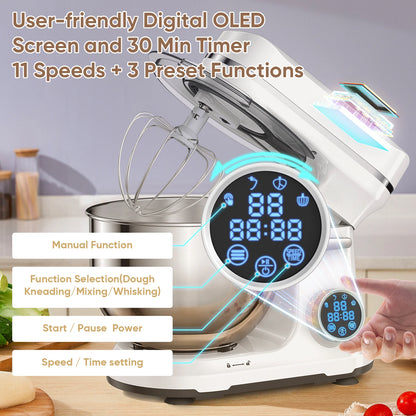 5L Kitchen Stand Mixer, 1200W 11-Speeds DC Motor, Digital OLED Screen, Electric Food Mixer with Dough Hook, Whisk.