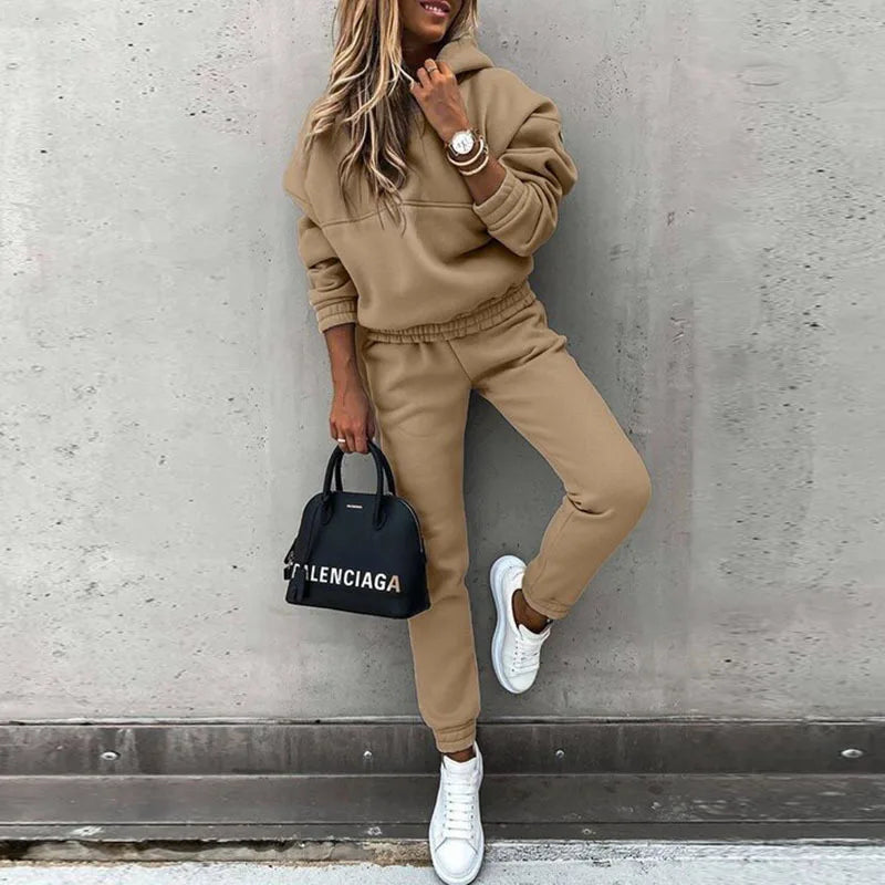 Autumn Winter New Solid Color Long Sleeve Hoodie Women's Casual Suit Fashion Loose Sports Hoodie + Small Foot Pants 2 Piece Set.