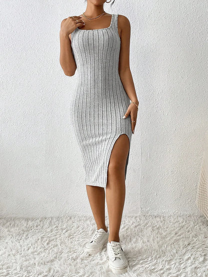 Frauen Sommer Stil Gestrickte Hosenträger Kleid Dame Ärmelloses Quadrat Kragen Seite Schlitz Rock Kleid Vestidos