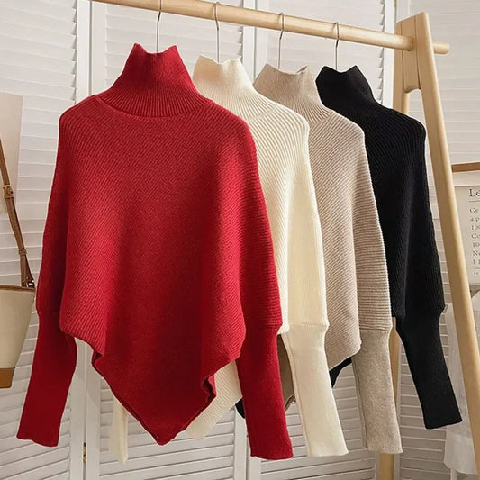 2025 Korea Herbst Winter Frauen Mode Unregelmäßigen Lose Stricken Pullover Vintage High Neck Langarm Weibliche Pullover Chic Tops