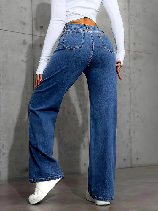 Classic and stylish straight-leg blue jeans, versatile and easy to pair with various outfits..