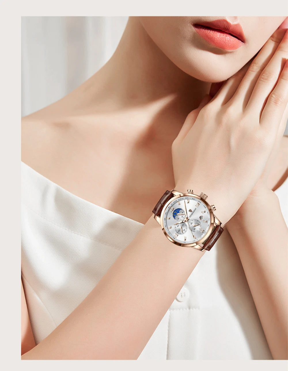 LIGE Luxury Fashion Women Watch Leather Strap Waterproof Casual Sport Quartz Wristwatch 24 hour Moon Phase Clock Watch for Women.