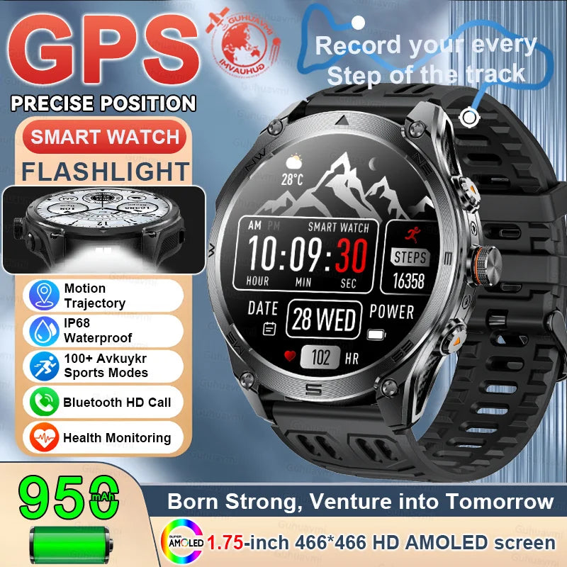 2025New GPS Sports Smart Watch  AMOLED Flashlight 950Mah Battery IP68 Waterproof Fitness Trackr BT Call Smartwatch For Men Women