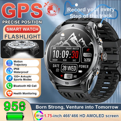 2025New GPS Sports Smart Watch  AMOLED Flashlight 950Mah Battery IP68 Waterproof Fitness Trackr BT Call Smartwatch For Men Women